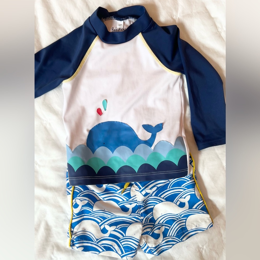 Adorable Baby Boden Whale Swim Trunks and Rashguard
